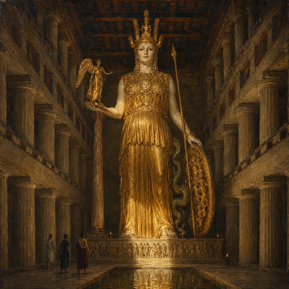 Estátua dourada de Athena Parthenos dentro do Parthenon, com três homens pequenos aos seus pés